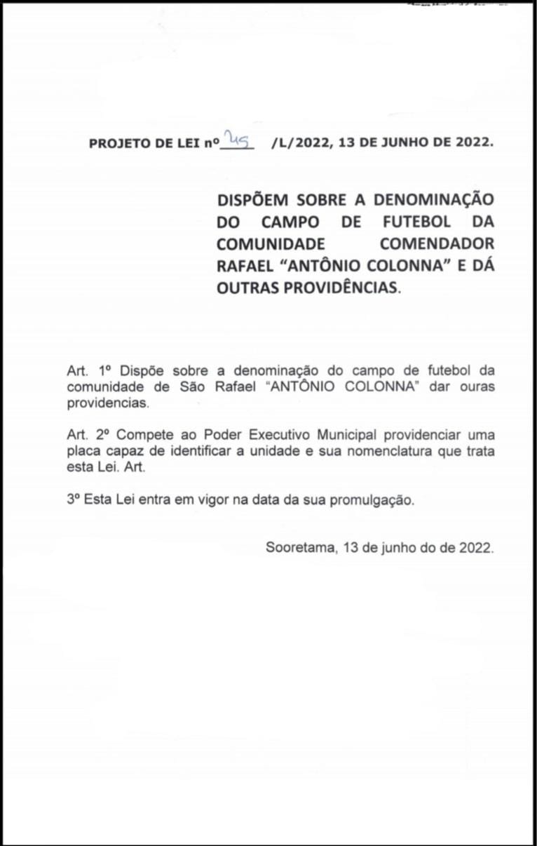 DENOMINAÇÃO DO CAMPO DE FUTEBOL DA COMUNIDADE COMENDADOR RAFAEL